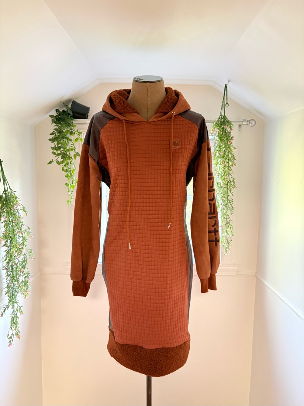 Carhartt Long-Sleeve Hooded Sweatshirt Dress in Rust with Dark Brown Accents